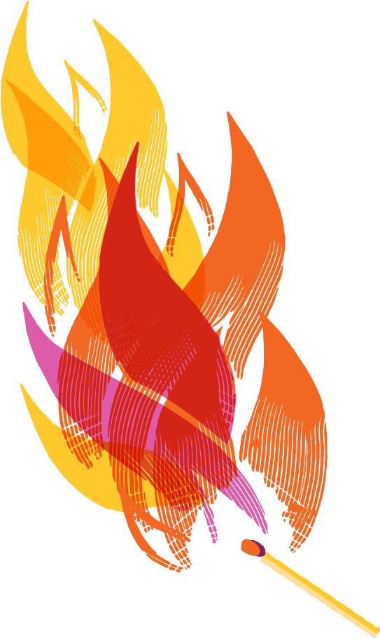 Illustrated flame lit by a match, in orange, red, yellow and pink